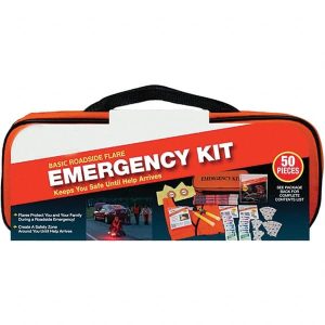 Highway Safety Kits; Includes: (2) Carrying Cases;(2) Light Sticks;(3) 15-minute Flares;(3) Shop Cloths First Aid Products;Bright Safety Vest;Emergency Signal Flag;Rain Poncho
