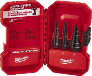 Drill Bit Set: Step Drill Bits, 3 Pc, 0.125" to 0.875" Drill Bit Size, High Speed Steel