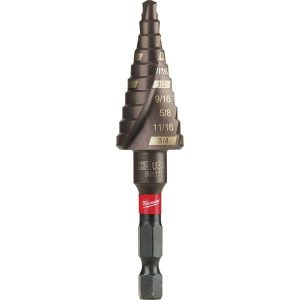 Step Drill Bits: 3/16" to 3/4" Hole Dia, 1/4" Shank Dia, Steel, 10 Hole Sizes