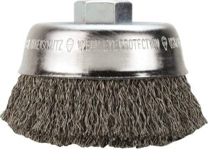 Cup Brush: 5" Dia, 0.023" Wire Dia, Steel, Crimped