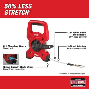 Tape Measure: 100' Long, 2-1/4" Width, White Blade