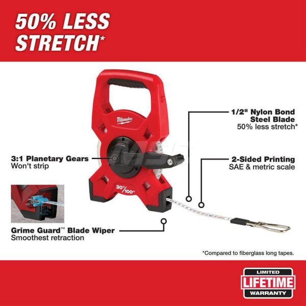 Tape Measure: 100' Long, 2-1/4" Width, White Blade