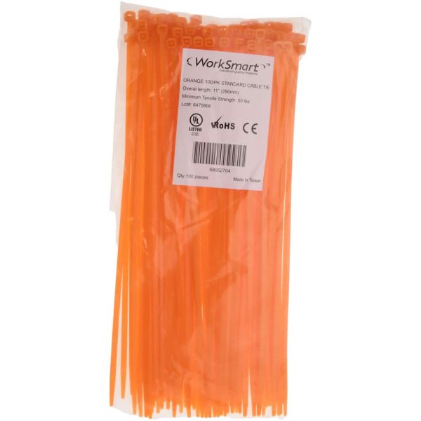Cable Tie Duty: 11" Long, Orange, Nylon, Standard