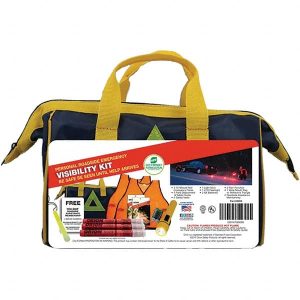 Highway Safety Kits; Includes: (2) AA Batteries;(2) Bright Safety Vests;(2) Carrying Cases;(2) Rain Ponchos;(3) 15 Minute Red Emergency Flares;Flare Deployment & Safety Guide;LED Flashlight;Light Stick;Roadside Assistance Membership;Wide Mouth Bag W/Refle