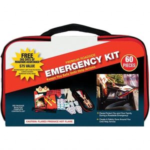 Highway Safety Kits; Includes: (2) Carrying Cases;(2) Knit Gloves;(2) Light Sticks;(3) 15-minute Flares;(3) Shop Cloths;(6) Cable Ties First Aid Products;Bright Safety Vest;Combination Tool;Duct Tape;Premium Jumper Cable (8 10 Gauge);Rain Poncho