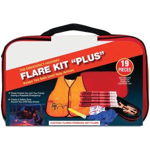 Highway Safety Kits; Includes: (2) Carrying Cases;(2) Shop Cloths;(5) 20-minute Flares;Bright Safety Vest;First Aid Products;Light Stick;Premium Jumper Cable (8 10 Gauge)