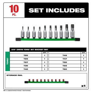 Hex & Torx Bit Socket Sets; Set Type: Torx Bit ; Minimum Set Torx Size: T20 ; Finish: Chrome ; Maximum Set Torx Size: T60 ; Measurement Type: Torx. ; Drive Size: 3/8