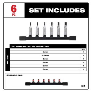 Hex & Torx Bit Socket Sets; Set Type: Hex Bit ; Drive Size: 1/4 ; Minimum Set Hex Size (Metric): 2.0 ; Finish: Chrome ; Maximum Set Hex Size (Metric): 6 ; Measurement Type: Hex