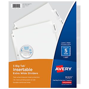 Avery Big Tab Extra-Wide Insertable Dividers, Clear Reinforced, White/Clear, 5-Tab