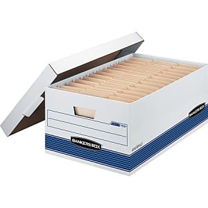 Bankers Box Stor/File FastFold Medium-Duty Storage Boxes With Locking Lift-Off Lids And Built-In Handles, Legal Size, 24D x 15" x 10", White/Blue, 60% Recycled, Case Of 12