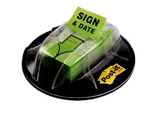 Post-it Message Flags in Desk Grip Dispenser, "Sign & Date", 1" x 1 -11/16", Bright Green, 200 Flags