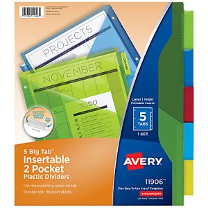 Avery Dividers for 3 Ring Binders, 5-Tab Binder Dividers, Two-Pocket Plastic Binder Dividers, Insertable Big Tab, Multicolor, 1 Set (11906)