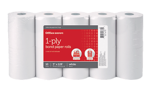Office Depot Brand 1-Ply Bond Paper Rolls, 3" x 128', White, Pack Of 10