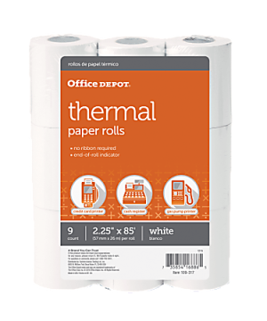 Office Depot Brand Thermal Paper Rolls, 2-1/4" x 85', White, Pack Of 9