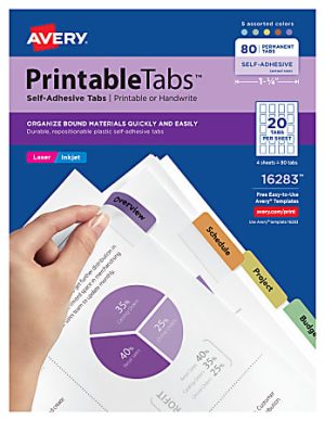 Avery Printable Self-Adhesive Tabs, Multicolor, Pack Of 80