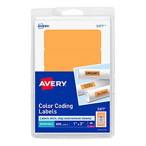 Avery Self-Adhesive Removable Print Or Write Color Coding Labels, 5477, Rectangle, 1" x 3", Neon Orange, Pack Of 200