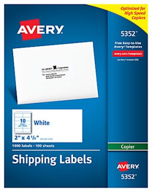 Avery Shipping Labels For Copiers, 5352, Rectangle, 2" x 4-1/4", White, Pack Of 1,000