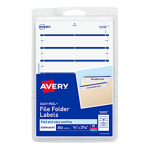 Avery File Folder Labels On 4" x 6" Sheet With Easy Peel, 5200, Rectangle, 2/3" x 3-7/16", White With Blue Color Bar, Pack Of 252 Labels