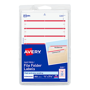 Avery File Folder Labels On 4" x 6" Sheet With Easy Peel, 5201, Rectangle, 2/3" x 3-7/16", White With Red Color Bar, Pack Of 252 Labels