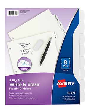 Avery Durable Write-On Plastic Dividers With Erasable Tabs, 8 1/2" x 11", White, 8 Tabs