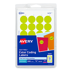 Avery Removable Round Color-Coding Labels, 5470, 3/4" Diameter, Neon Yellow, Pack Of 1,008