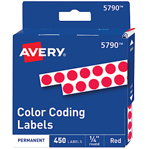 Avery Permanent Round Color-Coding Labels, 5790, 1/4" Diameter, Red, Pack Of 450