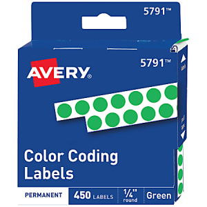 Avery Color-Coding Permanent Labels, Non-Printable, Round, 1/4" Diameter, Green, Pack Of 450 Dot Stickers