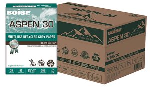 Boise® ASPEN® 30 Multi-Use Printer & Copier Paper, Letter Size (8 1/2" x 11"), 5000 Total Sheets, 92 (U.S.) Brightness, 20 Lb, 30% Recycled, FSC® Certified, White, 500 Sheets Per Ream, Case Of 10 Reams