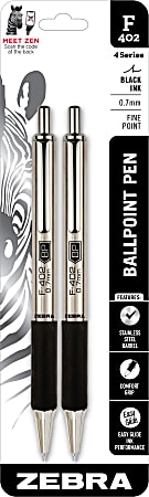 Zebra F-402 Stainless Steel Retractable Ballpoint Pens, Fine Point, 0.7 mm, Stainless Steel Barrel, Black Ink, Pack Of 2