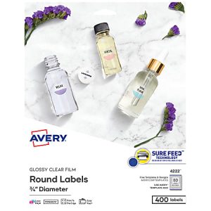 Avery® Glossy Clear Print-to-the-Edge Easy Peel Labels With Sure Feed® Technology, 4222, Round, 3/4" Diameter, Clear, Pack Of 400