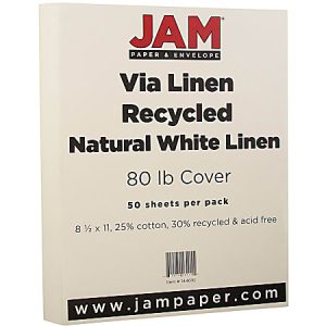 JAM Paper® Card Stock, Strathmore Natural White Linen, Letter (8.5" x 11"), 80 Lb, 30% Recycled, Pack Of 50