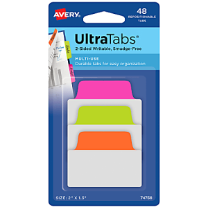 Avery Multiuse Ultra Tabs, 2-Side Writable, 2" x 1.5", Neon Pink/Green/Orange, Pack Of 48 Repositionable Tabs
