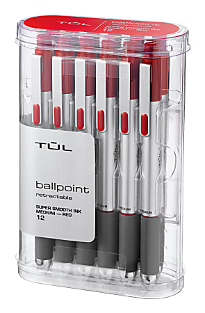 TUL BP Series Retractable Ballpoint Pens, Medium Point, 1.0 mm, Silver Barrel, Red Ink, Pack Of 12 Pens
