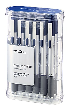TUL BP Series Retractable Ballpoint Pens, Medium Point, 1.0 mm, Silver Barrel, Blue Ink, Pack Of 12 Pens