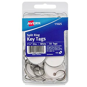 Avery Metal Rim Key Tags With Metal Split Ring, 1-1/4" Diameter, White, Pack Of 50