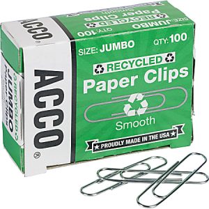 ACCO® Paper Clips, 1000 Total, Jumbo, 90% Recycled, Silver, 100 Per Pack, Box Of 10 Packs