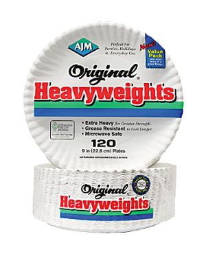 AJM Packaging Corporation Gold Label Coated Paper Plates, White, Pack Of 120 Plates