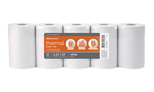 Office Depot Brand Thermal Paper Rolls, 2-1/4" x 50', White, Pack Of 10