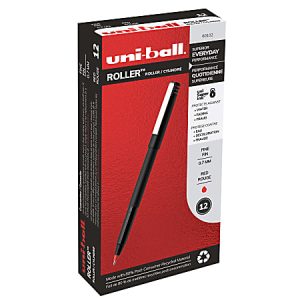 uni-ball® Rollerball® Pens, Fine Point, 0.7 mm, 80% Recycled, Black Barrel, Red Ink, Pack Of 12 Pens