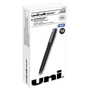 uni-ball Rollerball Pens, Micro Point, 0.5 mm, 80% Recycled, Black Barrel, Blue Ink, Pack Of 12 Pens
