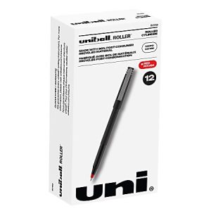 uni-ball® Rollerball® Pens, Micro Point, 0.5 mm, 80% Recycled, Black Barrel, Red Ink, Pack Of 12 Pens