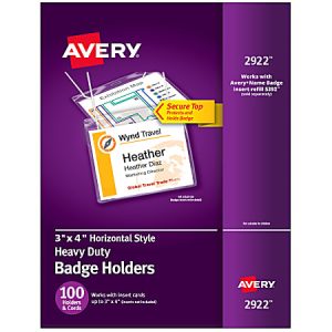 Avery Secure Top Badge Holders, For 3" x 4" Badge, Landscape With Lanyard, Clear, Box Of 100