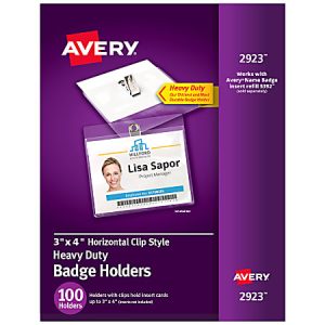 Avery Heavy Duty Horizontal ID Badge Holders With Clips, 3" x 4", Clear, Box Of 100