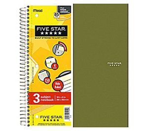 Five Star® Notebook, 8" x 10 1/2", 3 Subjects, Wide Ruled, 75 Sheets, Assorted Colors (No Color Choice)