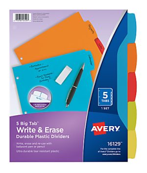 Avery® Big Tab® Write & Erase Durable Plastic Dividers, 8 1/2" x 11", Multicolor Brights, 5-Tab