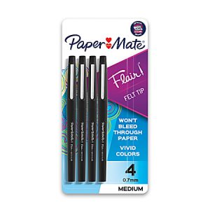 Paper Mate® Flair® Porous-Point Pens, Medium Point, 0.7 mm, Black Barrel, Black Ink, Pack Of 4