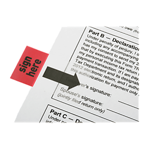 SKILCRAFT Self-Stick Flags, Rectangular, "Sign Here", 1" x 1 3/4", Red, Pack Of 100 (AbilityOne 7510-01-389-2262)