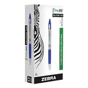 Zebra Z-Grip Max Retractable Ballpoint Pens, Medium Point, 1.0mm, Gray/Blue, Pack of 12