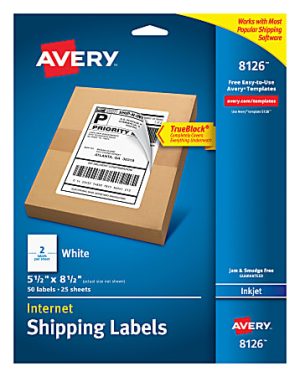 Avery TrueBlock Permanent Inkjet Shipping Labels, Internet, 8126, 5 1/2" x 8 1/2", White, Pack Of 50