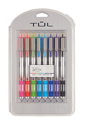 TUL GL Series Retractable Gel Pens, Needle Point, 0.5 mm, Silver Barrel, Assorted Bright Inks, Pack Of 8 Pens